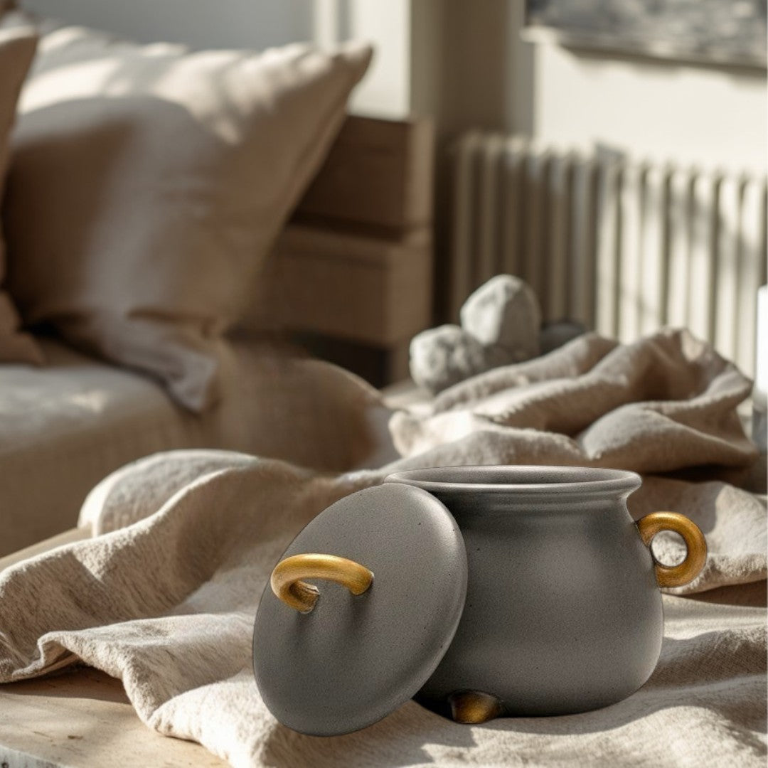 Doodlations Coffee Bar & Boutique cauldron concrete candle with wood handle detail. Modern home decor.