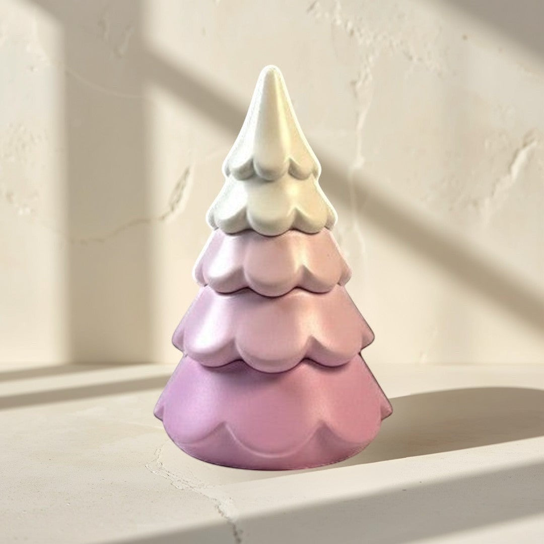 Doodlations Coffee Bar & Boutique 3-tiered concrete Christmas tree candle, pink and white, soy blend wax.