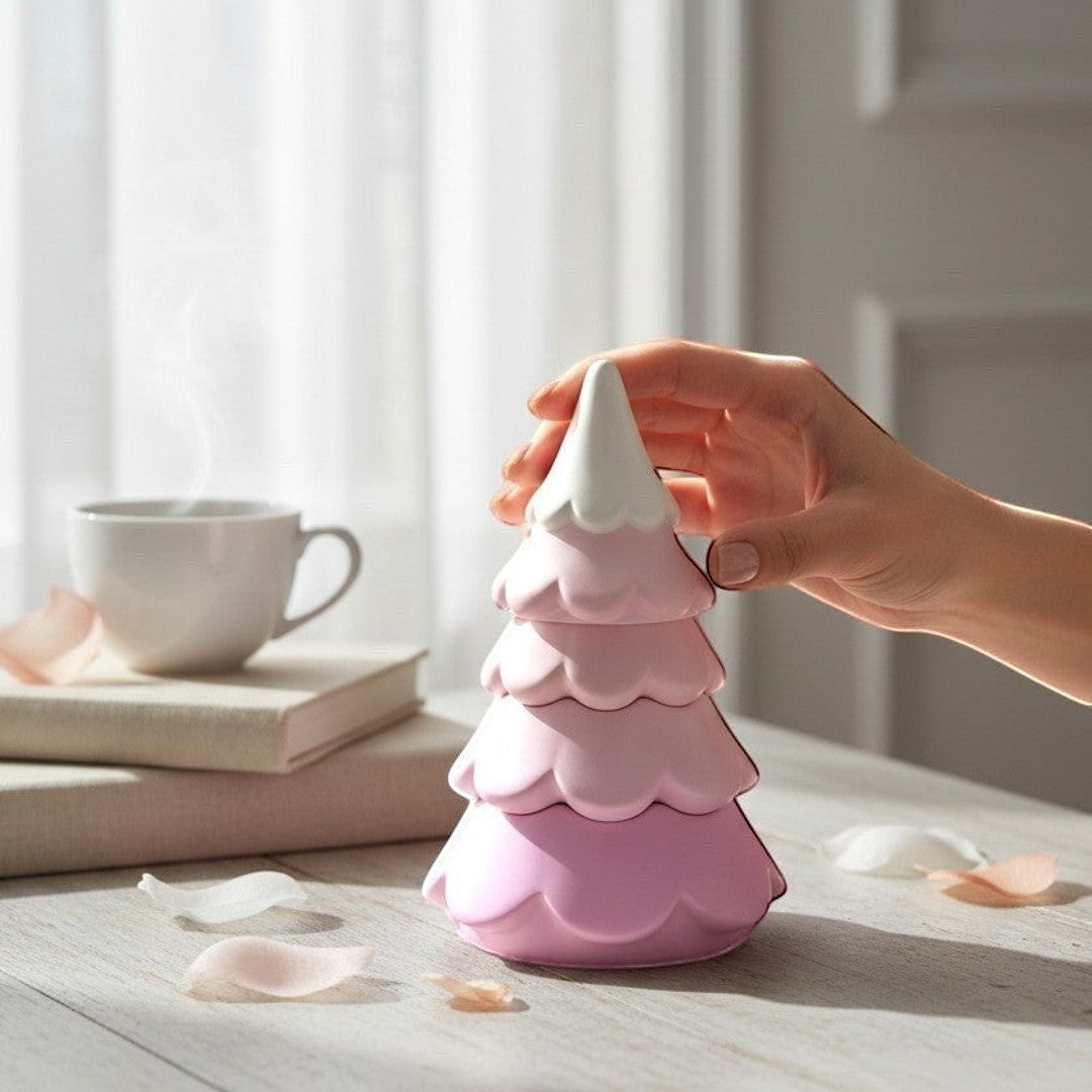 Doodlations Coffee Bar & Boutique 3-tiered concrete Christmas tree candle, pink and white, soy blend wax.