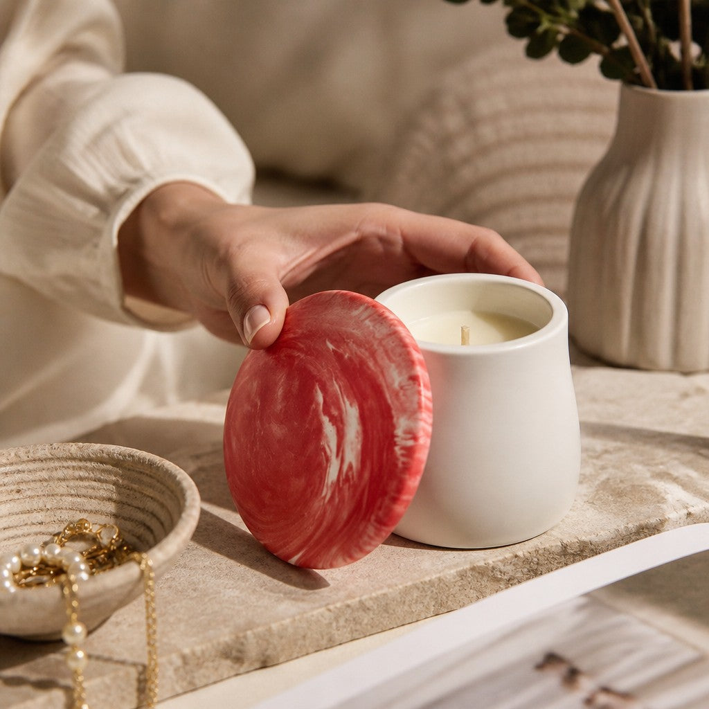 Doodlations Coffee Bar & Boutique concrete candle with a white vessel and a red marbled lid held by a woman's hand.