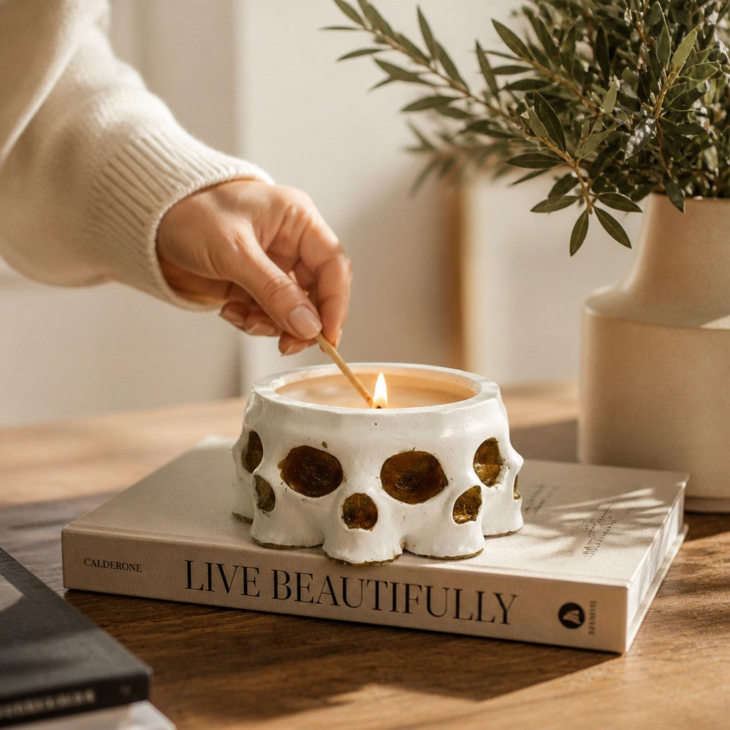 Doodlations Coffee Bar & Boutique concrete skull candle being lit on a book, featuring a textured white vessel.