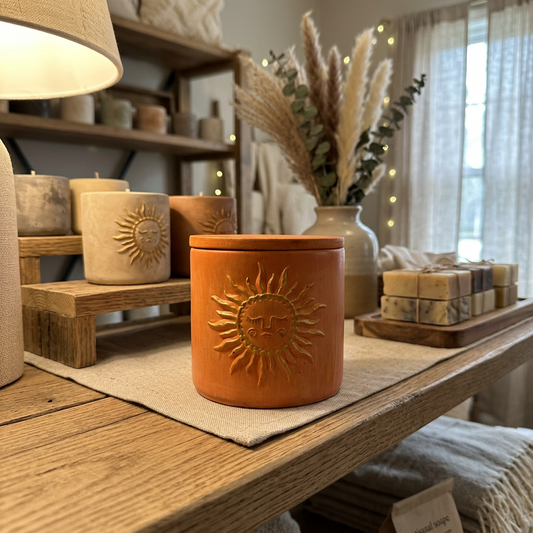 Doodlations Coffee Bar & Boutique concrete sunburst candle in autumn flannel orange with a gold embossed sun design.