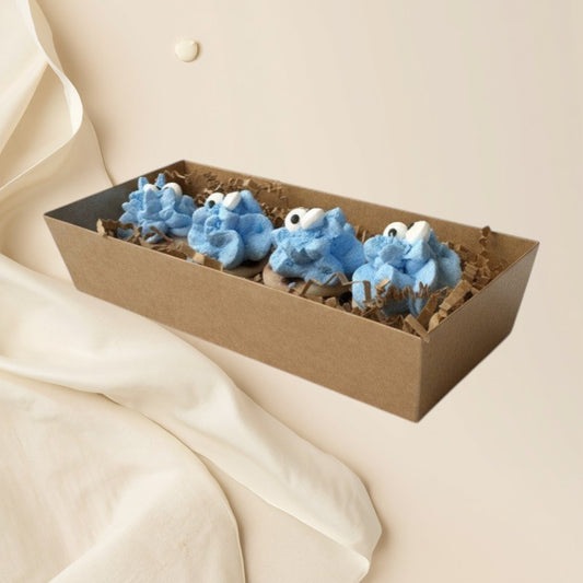 Doodlations Coffee Bar & Boutique handmade blue Cookie Monster wax melts with chocolate chip cookie scent.