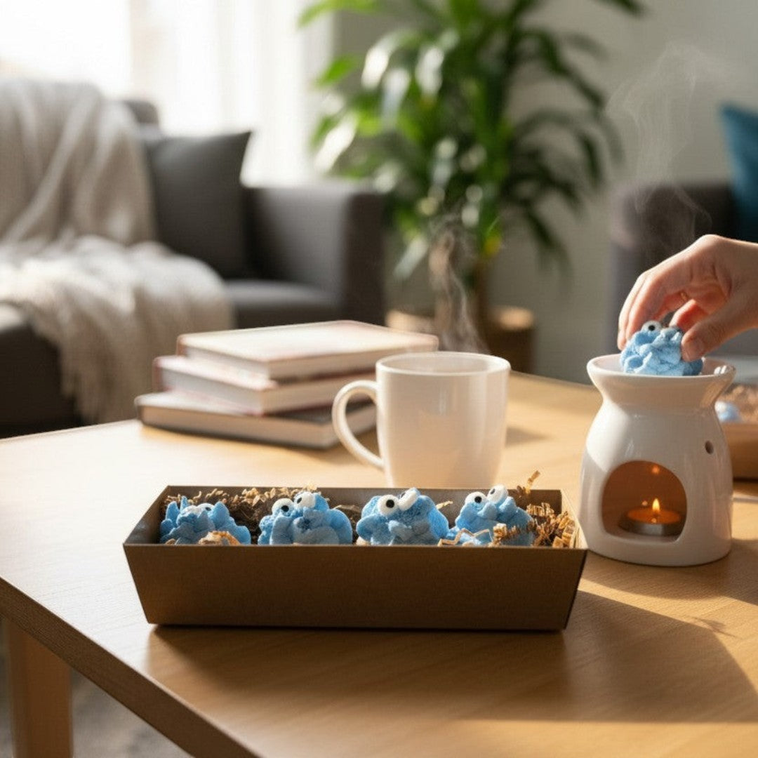 Doodlations Coffee Bar & Boutique handmade blue Cookie Monster wax melts with chocolate chip cookie scent.