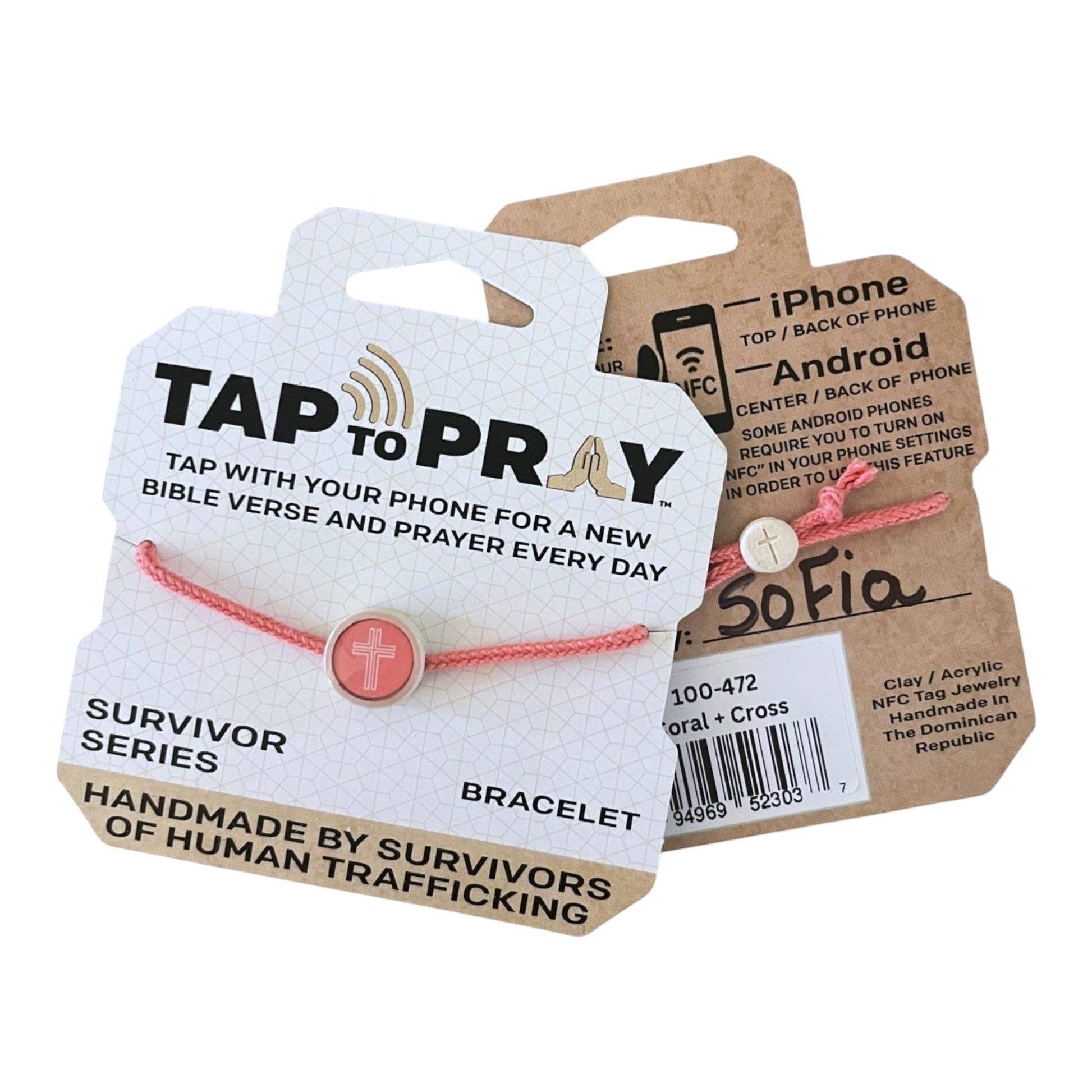Doodlations Coffee Bar & Boutique coral Survivor Series bracelet with a cross charm and NFC technology for daily prayers.