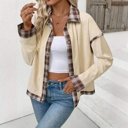 Doodlations Coffee Bar & Boutique beige corduroy shacket with brown plaid patchwork trim and metal button closure