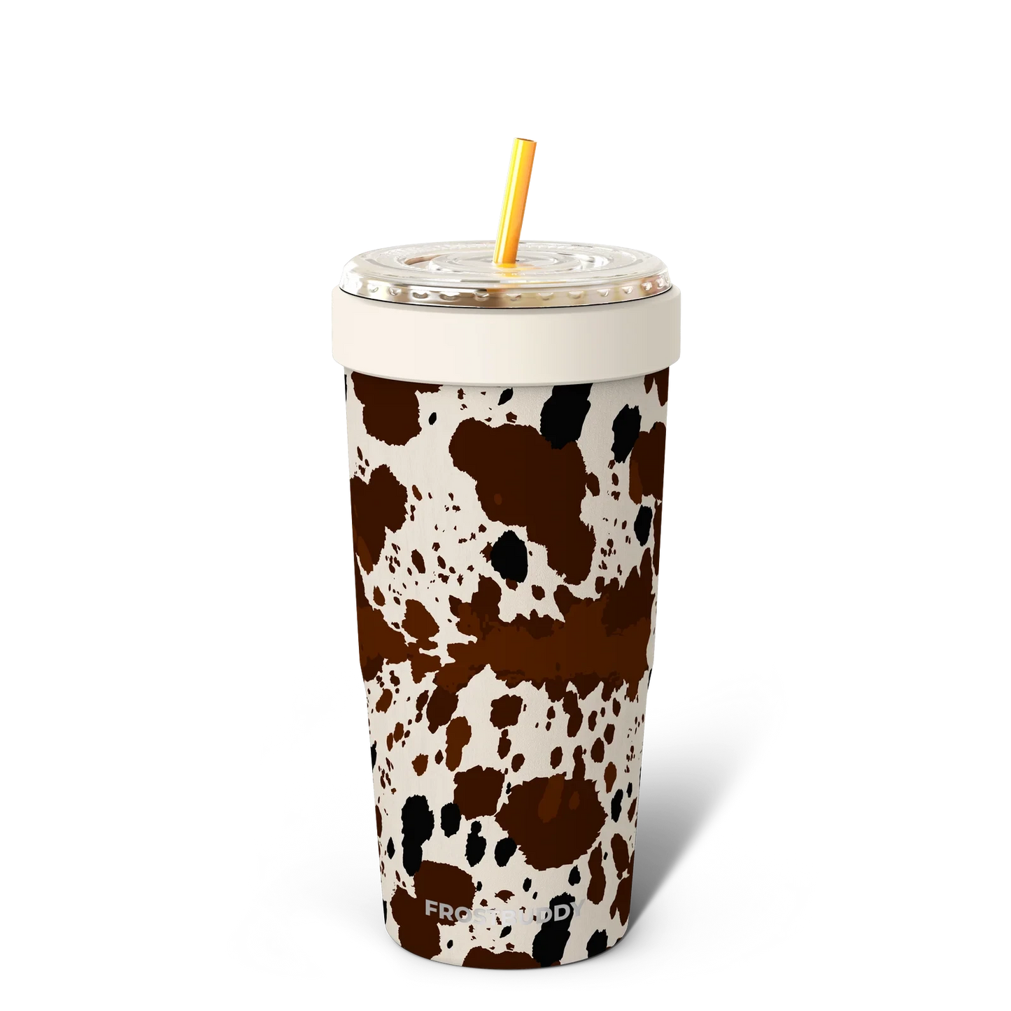 Doodlations Coffee Bar & Boutique To-Go Buddy tumbler with cow print, white lid, and yellow straw.