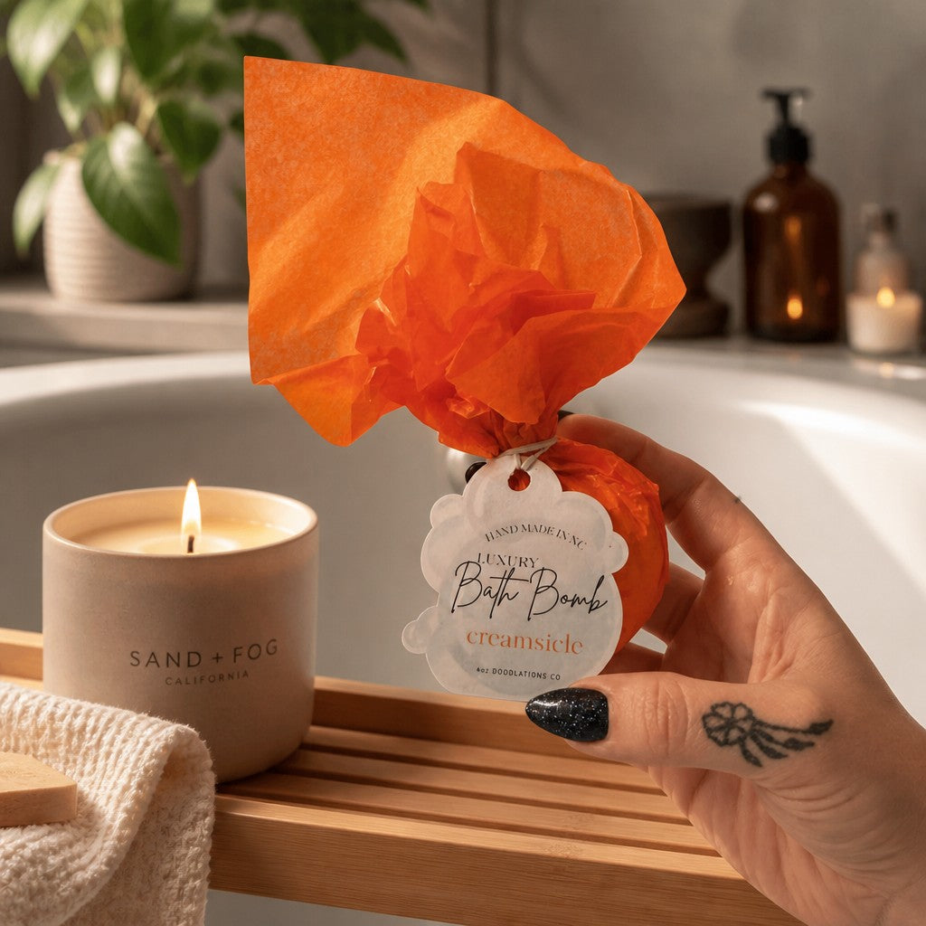 Doodlations Coffee Bar & Boutique Creamsicle bath bomb wrapped in orange tissue paper held over a bathtub tray.