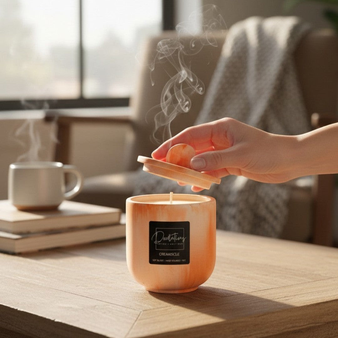 Doodlations Coffee Bar & Boutique Creamsicle marbled concrete candle with lid. Orange and white swirl pattern.