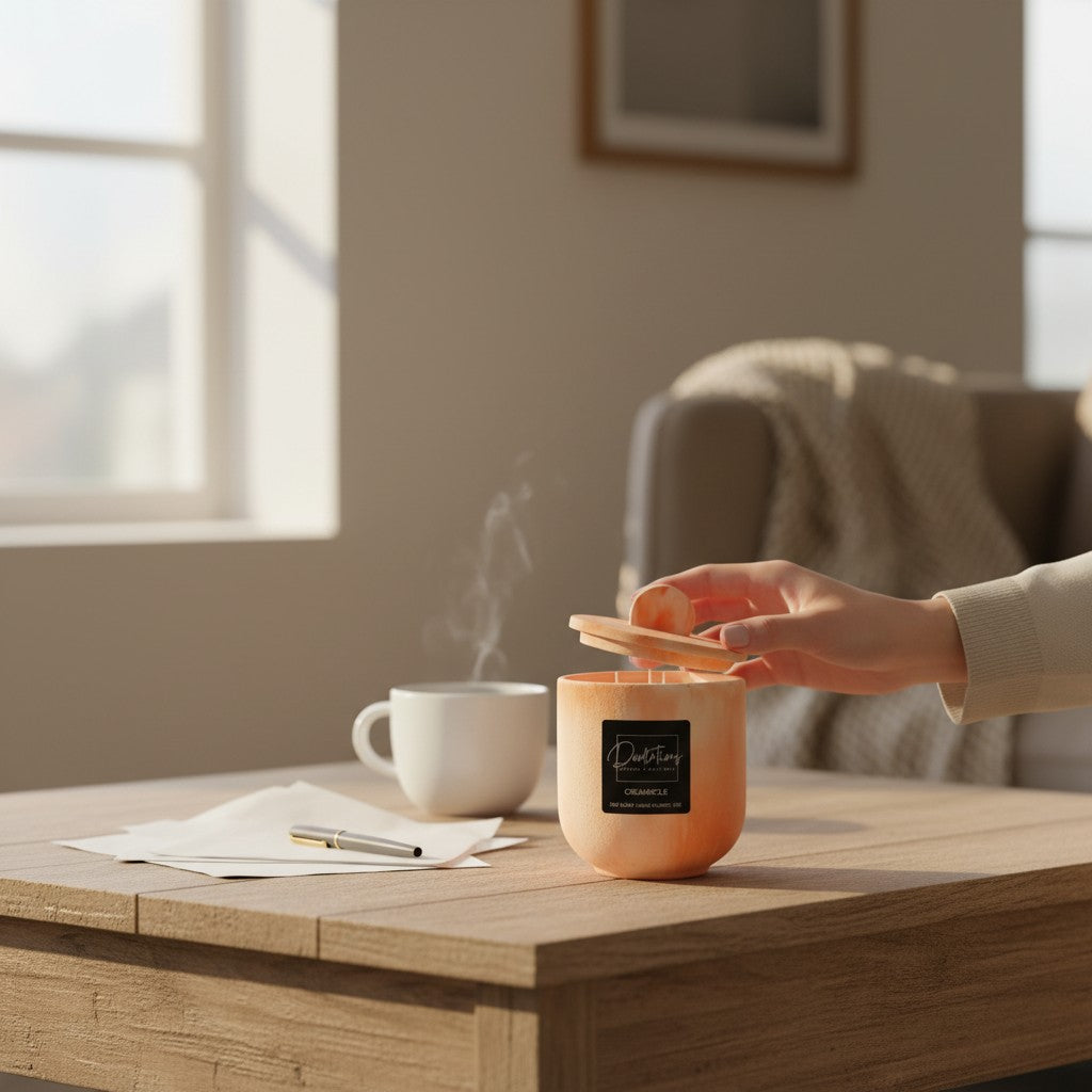 Doodlations Coffee Bar & Boutique concrete candle in a creamsicle orange vessel being opened on a wooden table.