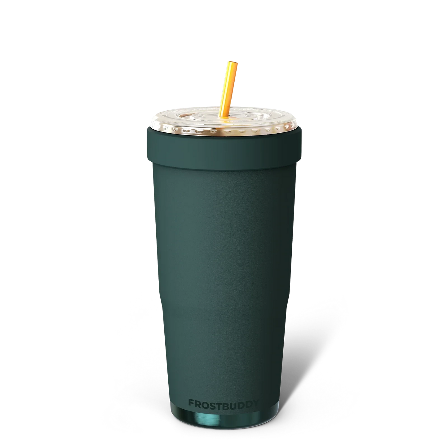 Doodlations Coffee Bar & Boutique dark green stainless steel tumbler with yellow straw and clear lid. Fits 32oz cups.
