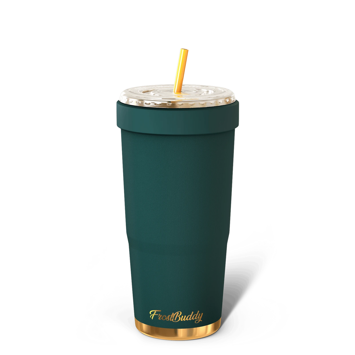 Doodlations Coffee Bar & Boutique dark teal stainless steel tumbler with gold trim and lid, includes yellow straw.
