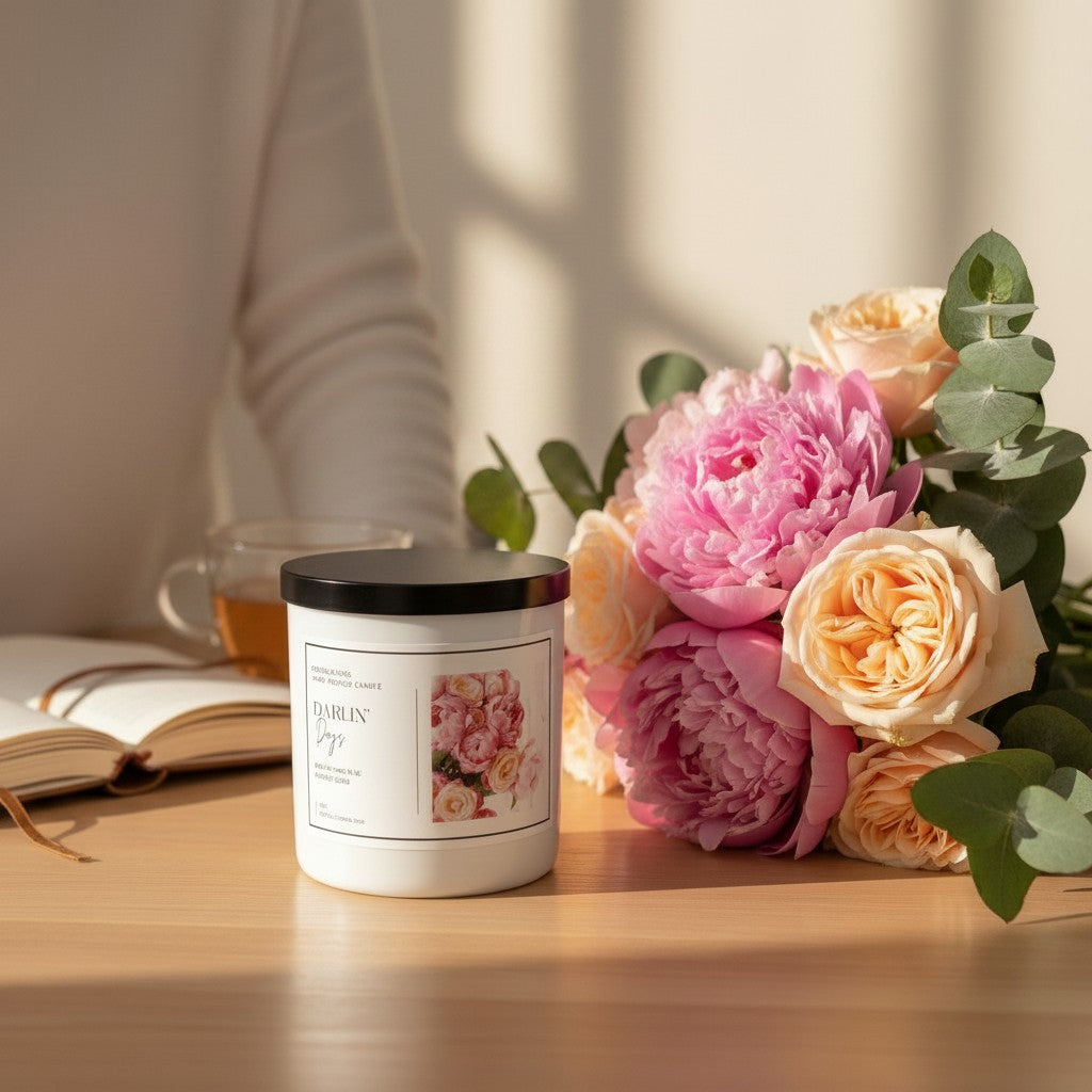 Doodlations Coffee Bar & Boutique Darlin' Days luxury candle with floral label, next to fresh peonies and a book.