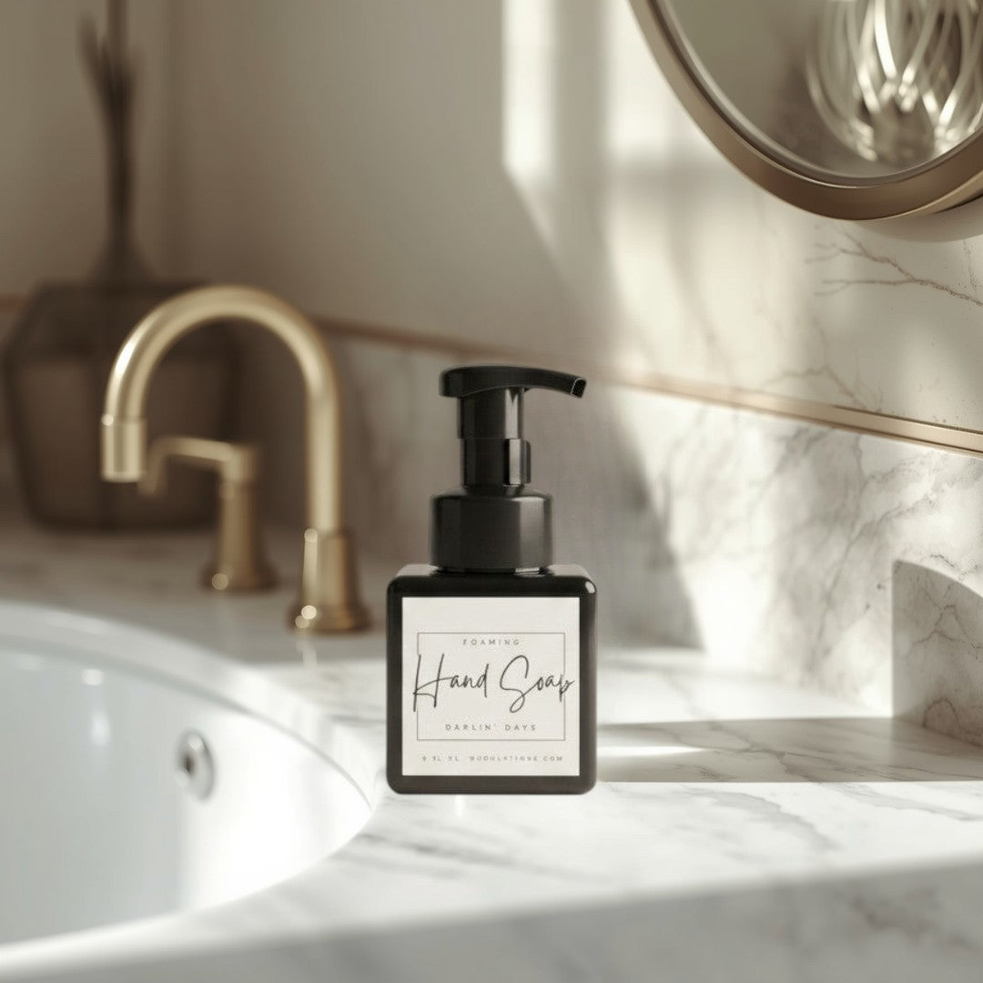 Doodlations Coffee Bar & Boutique Darlin Days foaming hand soap in a black square bottle with a white label.