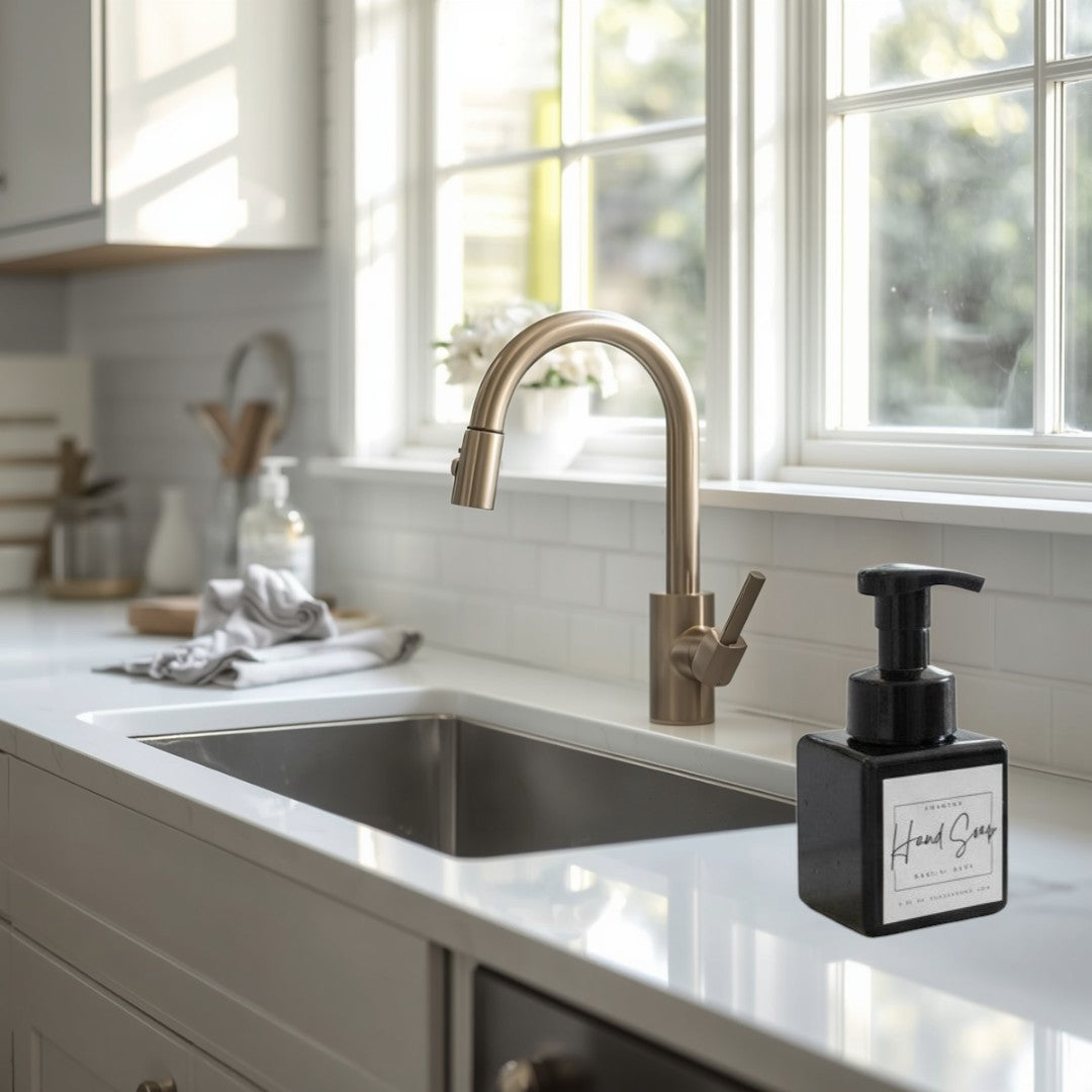 Doodlations Coffee Bar & Boutique Darlin Days foaming hand soap in a black square bottle next to a sink.