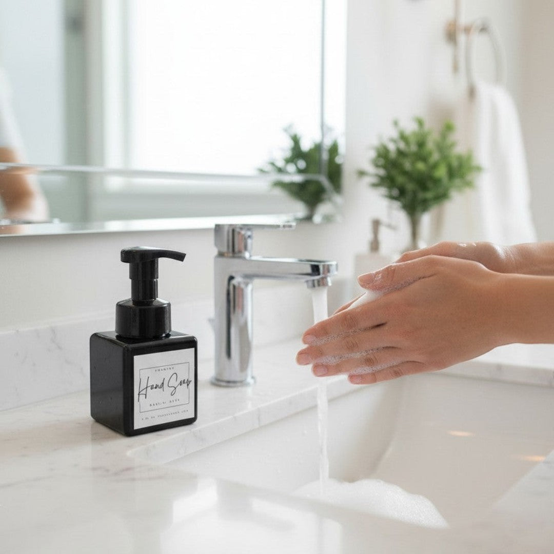 Doodlations Coffee Bar & Boutique Darlin Days foaming hand soap in a black square bottle next to a sink.