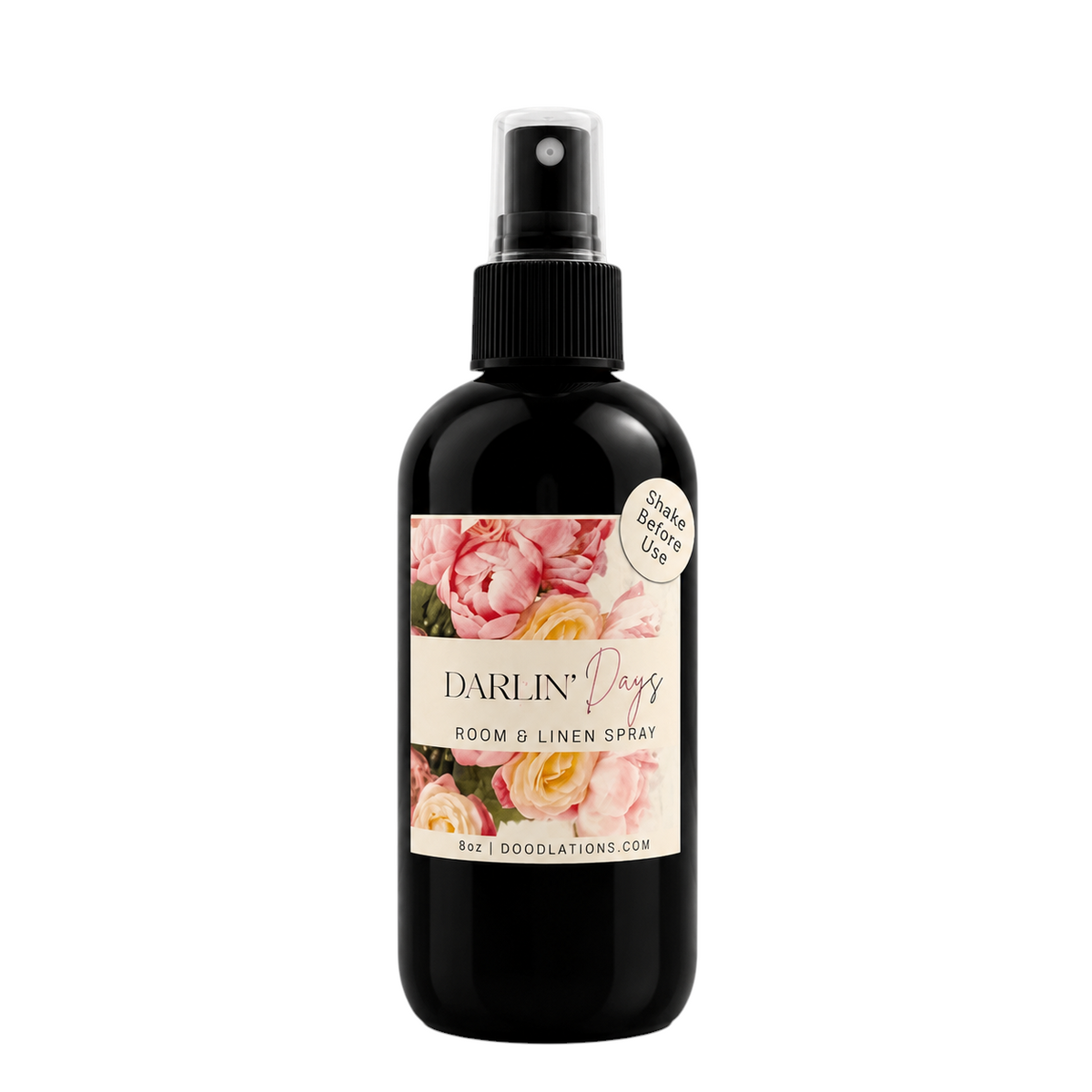 Doodlations Coffee Bar & Boutique Darlin’ Days room and linen spray in a black bottle with a floral label
