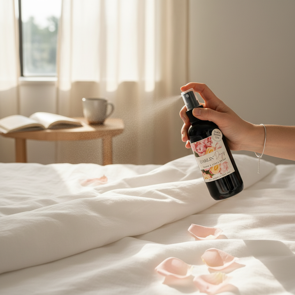 Doodlations Coffee Bar & Boutique Darlin’ Days room and linen spray being misted over a white bed with rose petals.