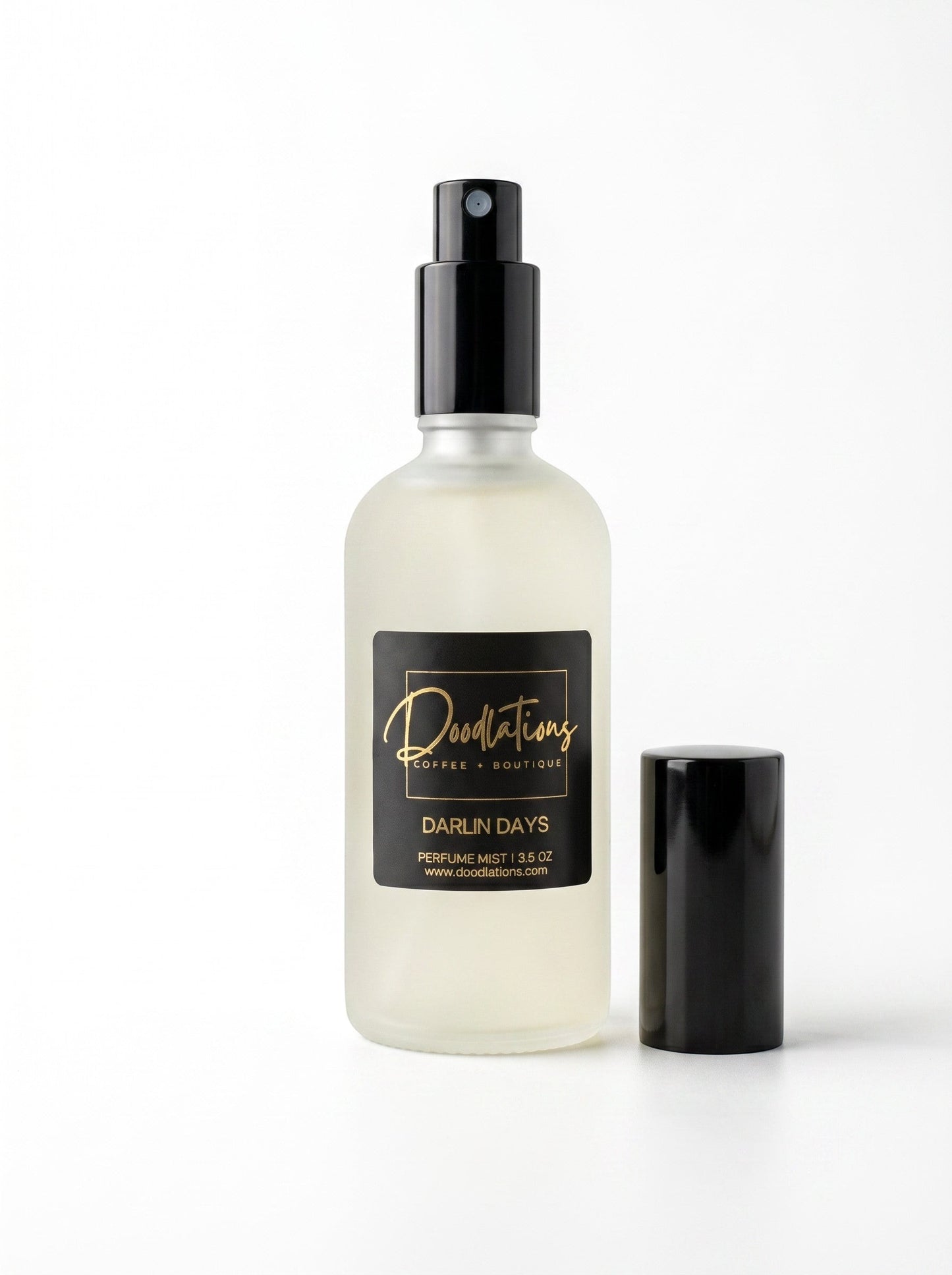 Doodlations Coffee Bar & Boutique Darlin Days fine mist perfume in a frosted glass bottle with a black spray cap.