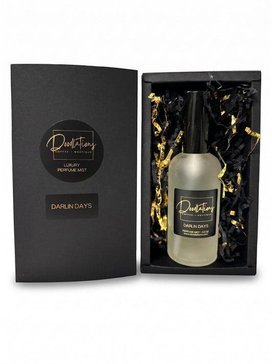 Doodlations Coffee Bar & Boutique Darlin Days luxury fine mist perfume in a glass bottle inside a black gift box.