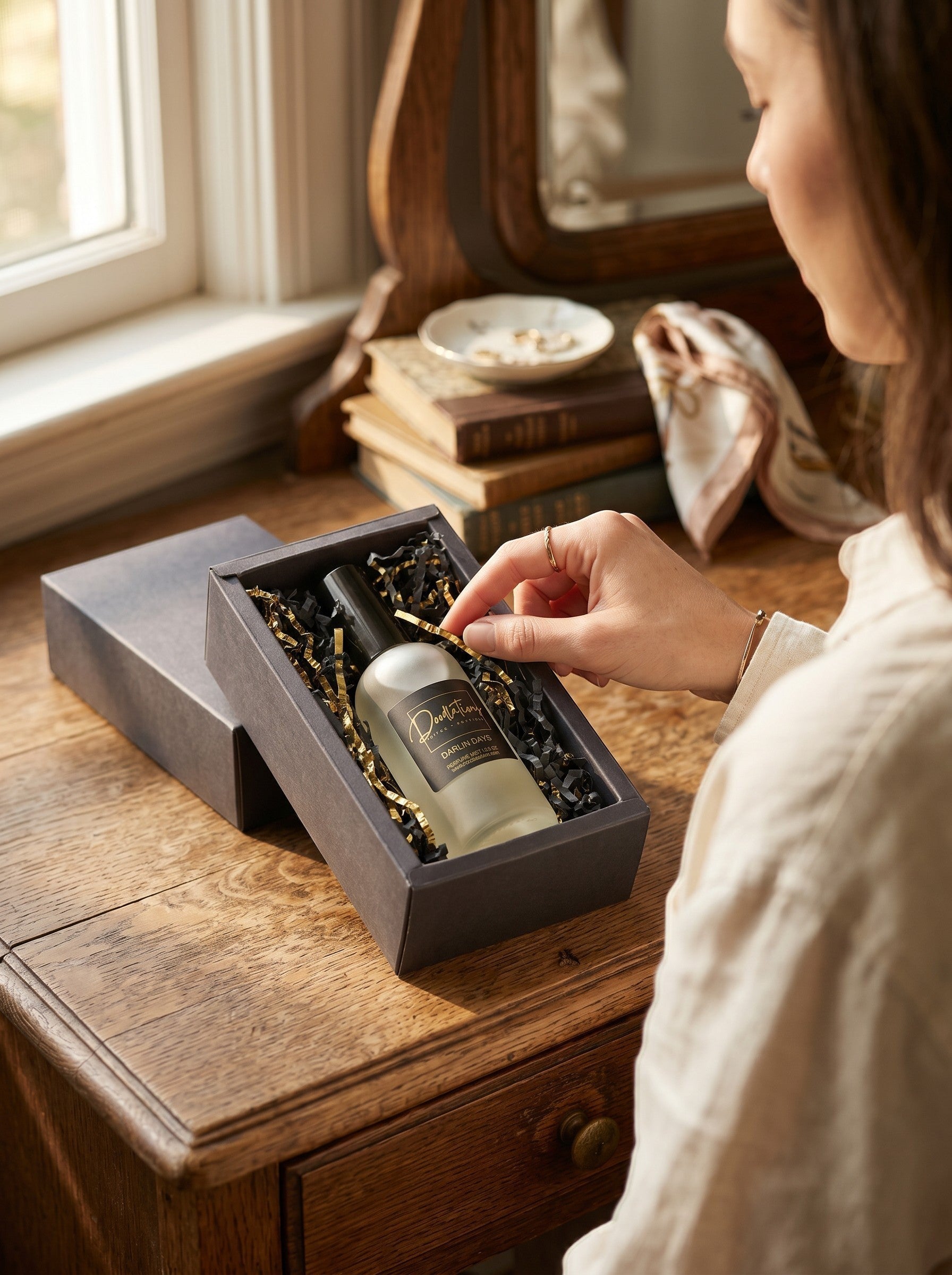 Doodlations Coffee Bar & Boutique Darlin Days perfume in a gift box on a wooden desk with a woman reaching for it