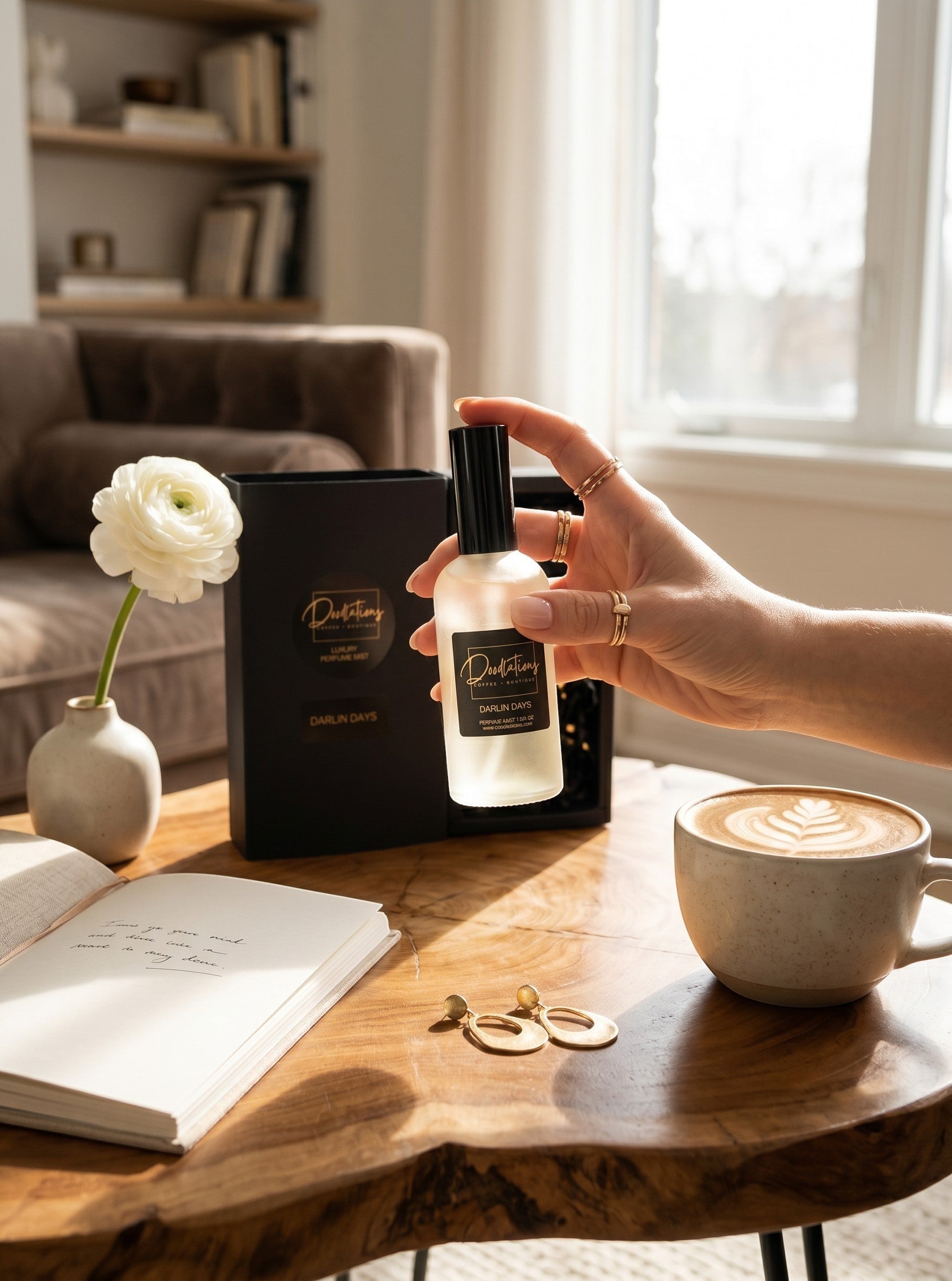 Doodlations Coffee Bar & Boutique Darlin Days fine mist perfume bottle held by a hand on a wooden table with coffee.