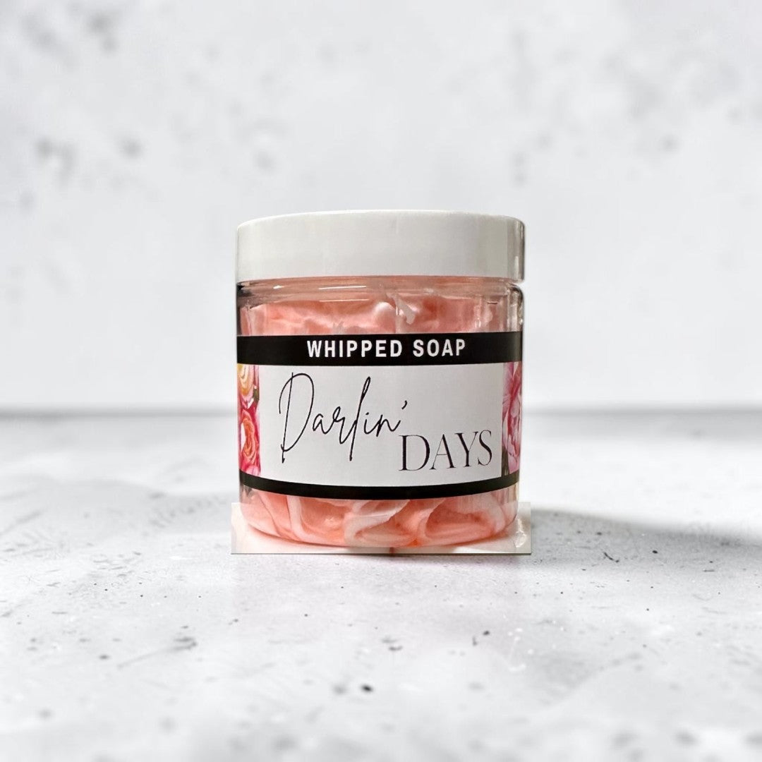 Doodlations Coffee Bar & Boutique Darlin' Days whipped soap in a 4 oz clear jar with a floral label.