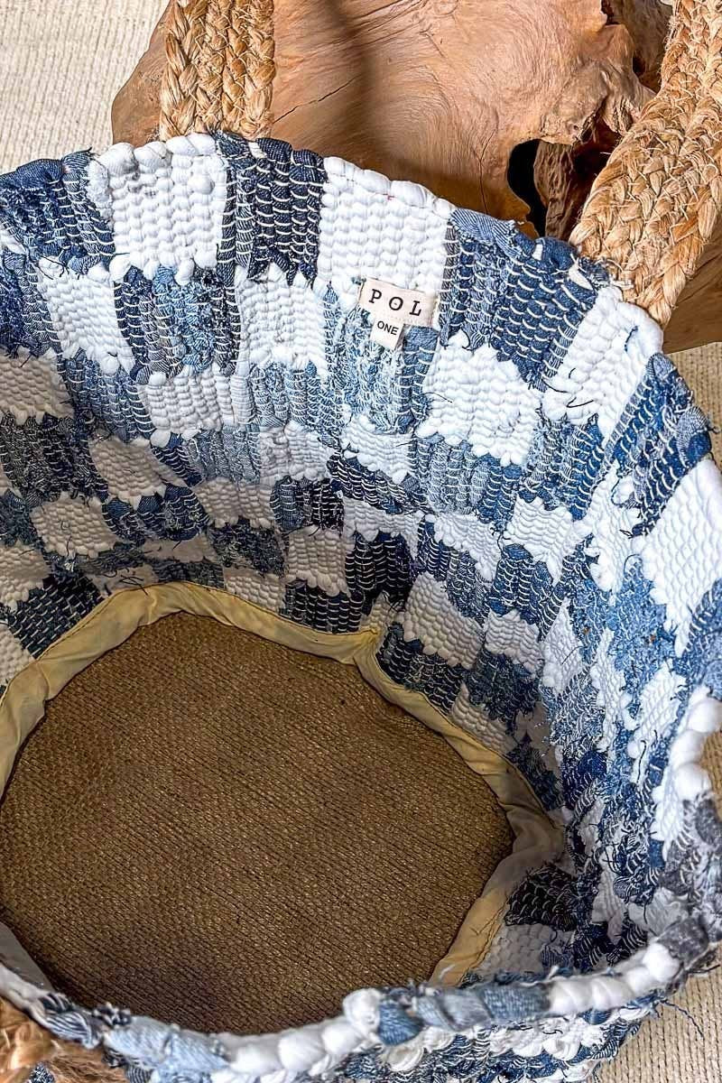 Doodlations Coffee Bar & Boutique ivory and blue denim checkerboard woven tote bag with durable straw handles