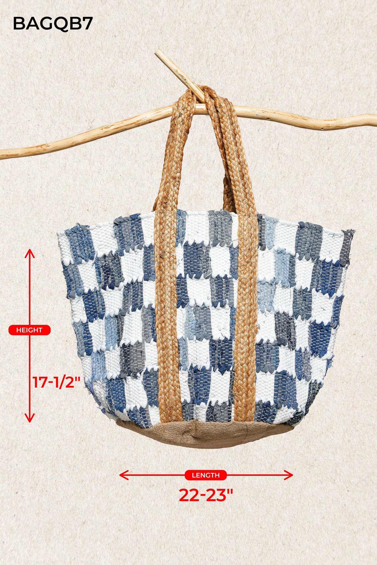 Doodlations Coffee Bar & Boutique ivory and blue denim checkerboard woven tote bag with durable straw-style handles.