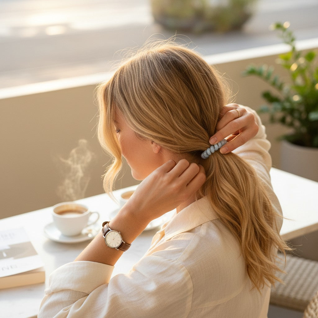 Doodlations Coffee Bar & Boutique washed denim spiral hair tie worn by a blonde woman in a cafe setting