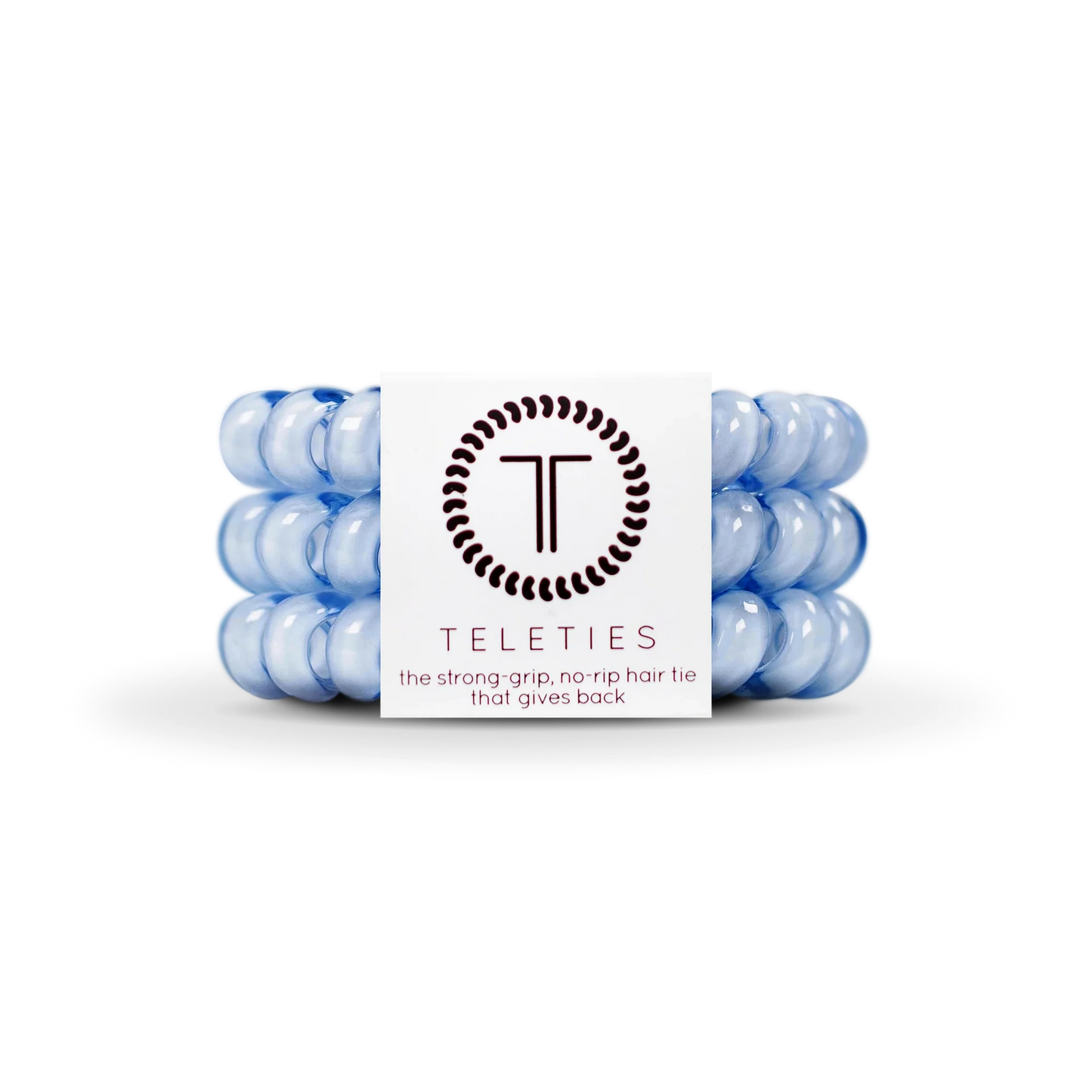 Doodlations Coffee Bar & Boutique washed denim spiral hair ties in a pack of three with a strong grip design.