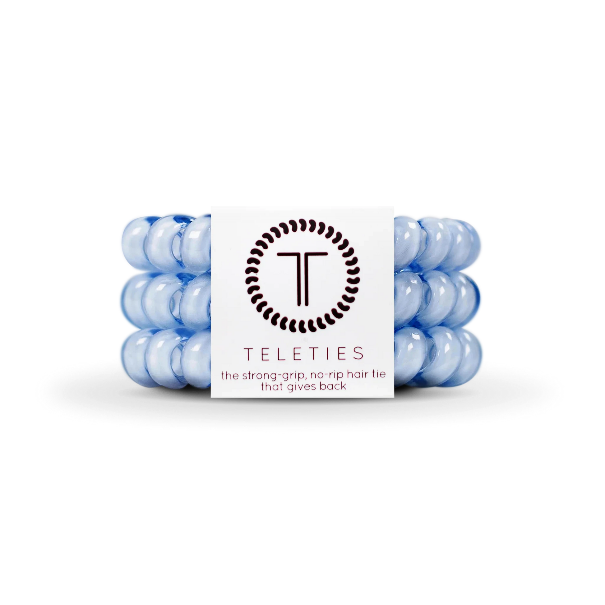 Doodlations Coffee Bar & Boutique washed denim spiral hair ties in a pack of three with a strong grip design.