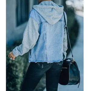 Doodlations Coffee Bar & Boutique oversized light-wash denim jacket with grey jersey sleeves and hood, back view