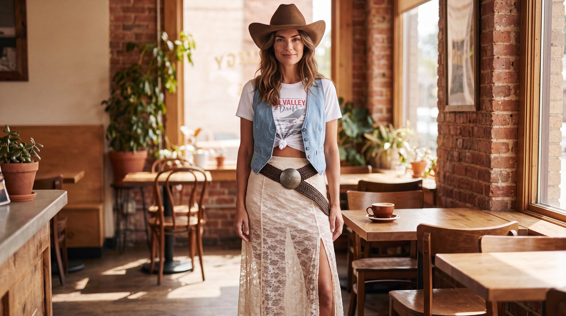 Woman wearing a Doodlations Coffee Bar & Boutique washed blue denim vest over a white t-shirt and lace skirt