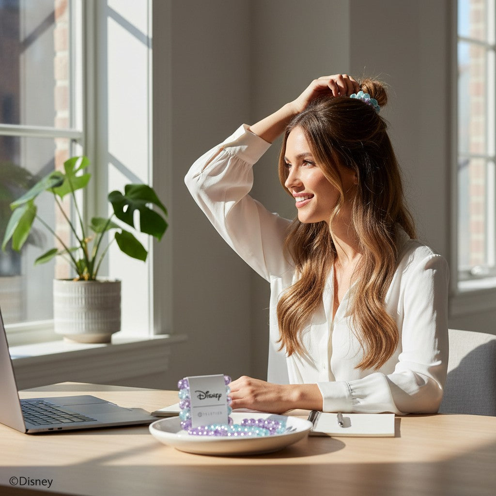 A woman wearing a light blue Disney Daisy Duck TELETIES hair tie in her hair, sitting at a desk with a laptop.