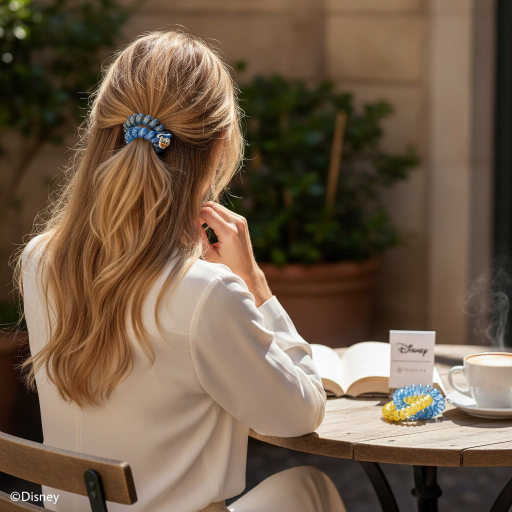 Doodlations Coffee Bar & Boutique Disney Donald Duck hair ties worn by a woman at a cafe table with a coffee cup.