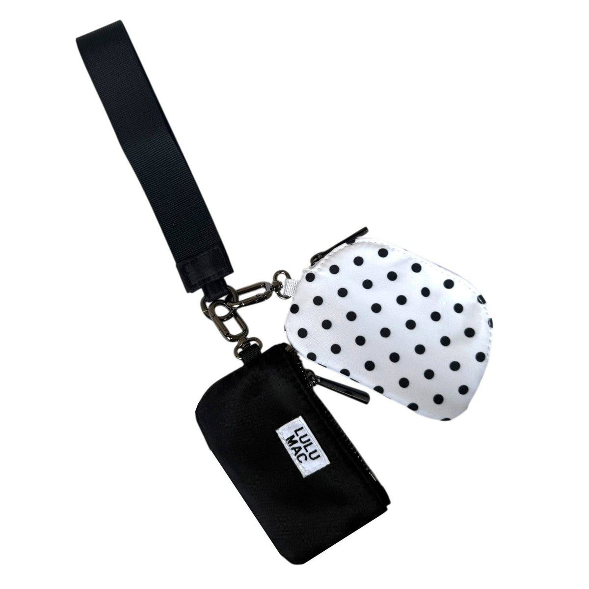 Doodlations Coffee Bar & Boutique Lulu Mac double pouch wristlet with one white polka dot and one solid black pouch.