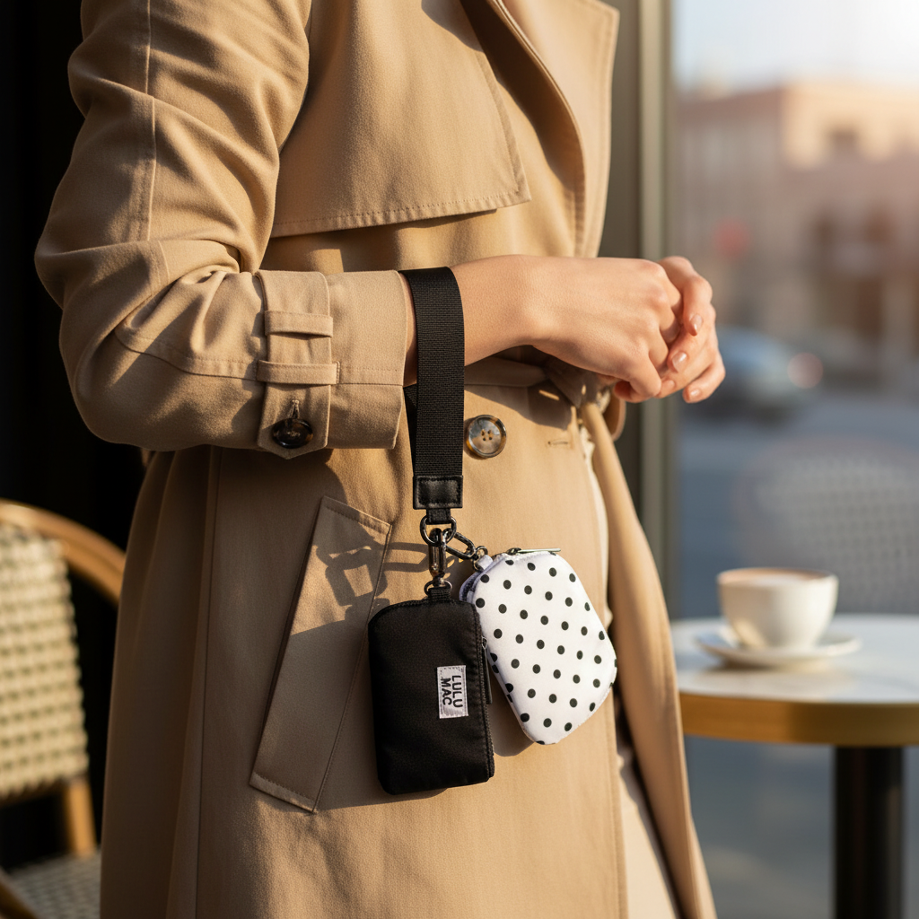 Doodlations Coffee Bar & Boutique Lulu Mac double pouch wristlet with black and white polka dot designs on a wrist