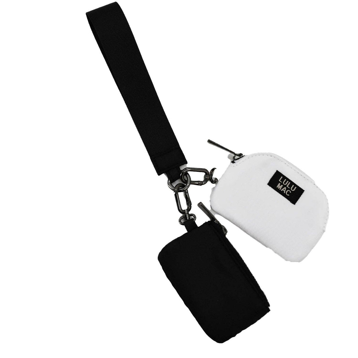 Doodlations Coffee Bar & Boutique Lulu Mac double pouch wristlet in black and white with a detachable wrist strap.