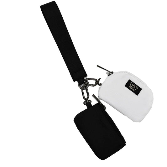 Doodlations Coffee Bar & Boutique Lulu Mac double pouch wristlet in black and white with a detachable wrist strap.