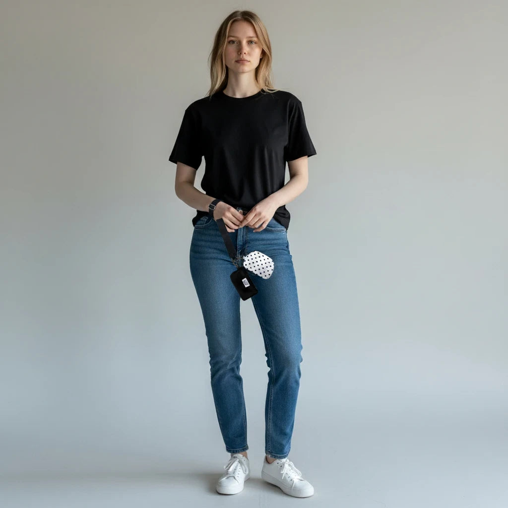 Model wearing a black t-shirt and jeans holding a Doodlations Coffee Bar & Boutique white and black polka dot wristlet