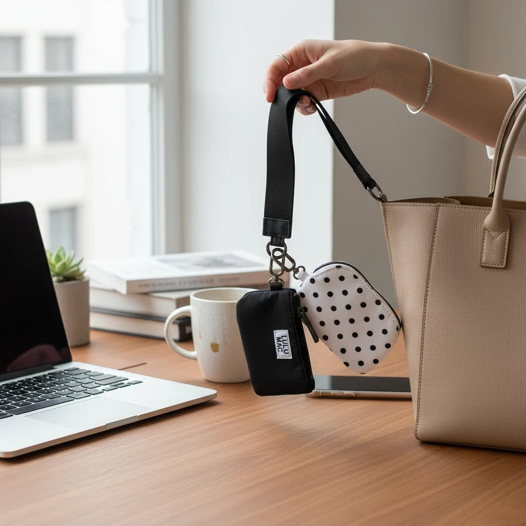 Doodlations Coffee Bar & Boutique Lulu Mac double pouch wristlet with one white polka dot and one solid black pouch.