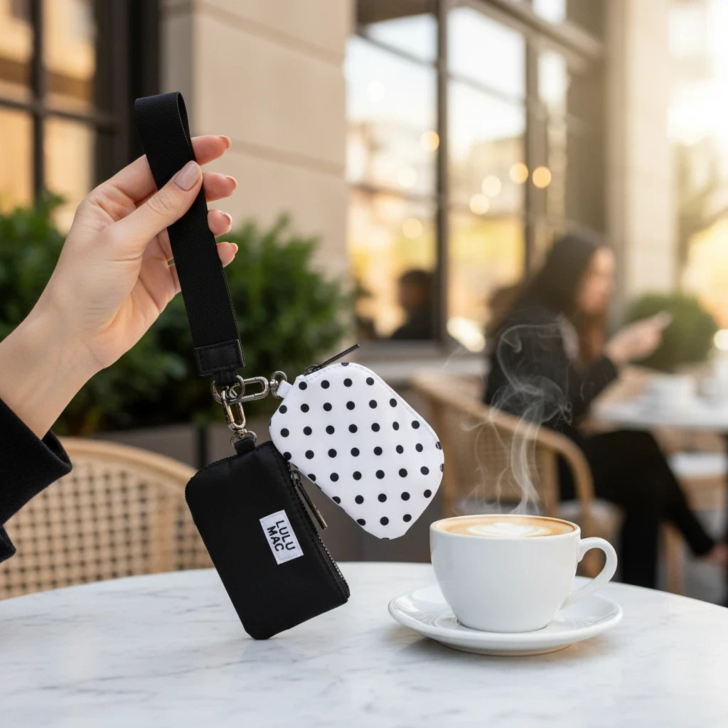 Doodlations Coffee Bar & Boutique Lulu Mac double pouch wristlet with white polka dot and solid black zippered bags.