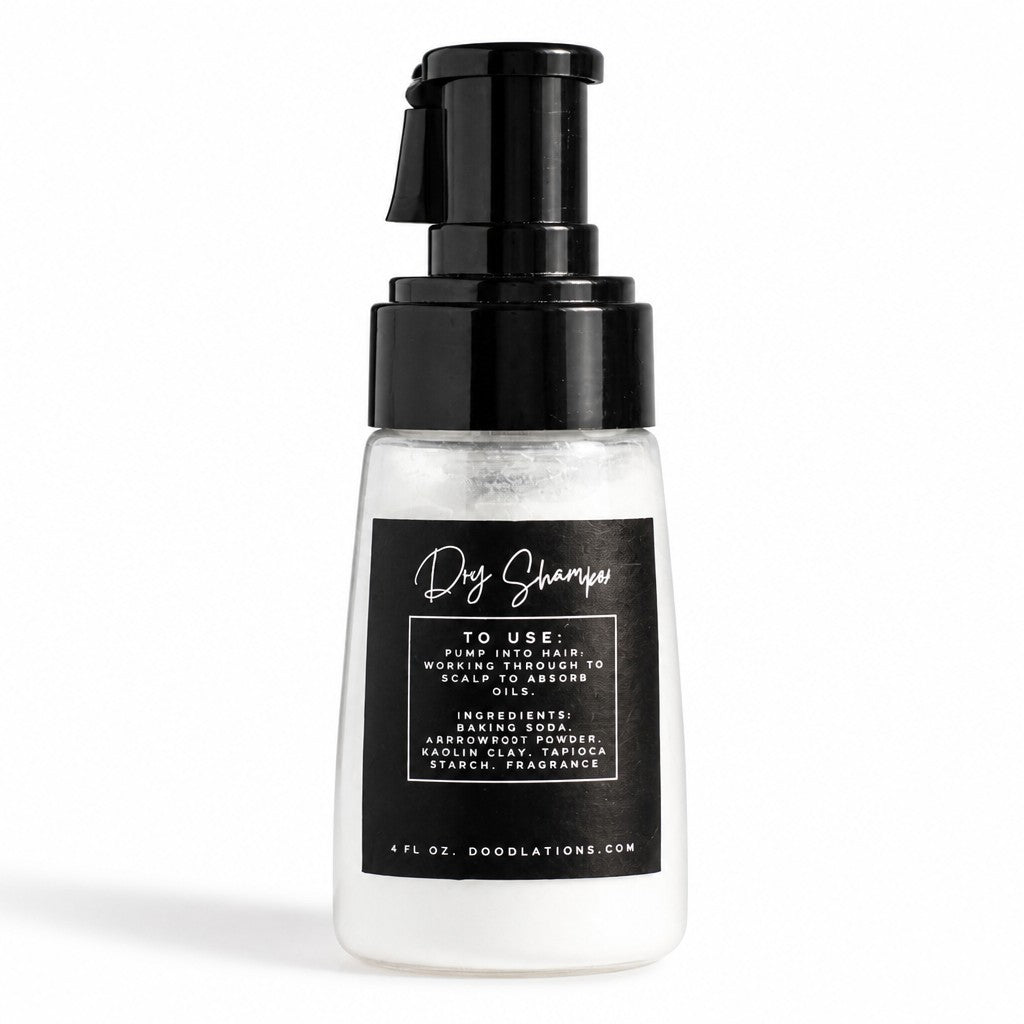 Doodlations Coffee Bar & Boutique Bum Bum dry powder shampoo in a clear pump bottle with a black label