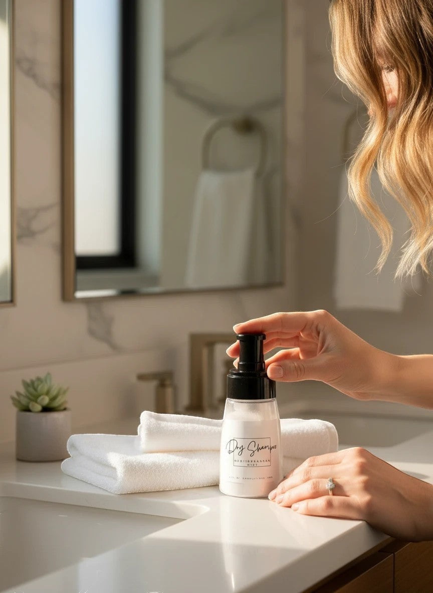 Doodlations Coffee Bar & Boutique dry powder shampoo bottle on a bathroom counter with a woman applying it to hair.