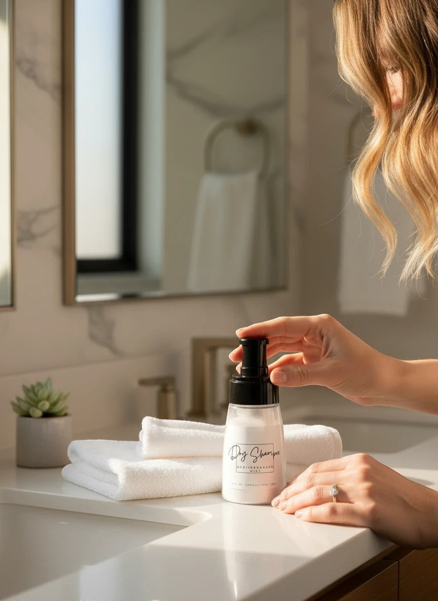 Doodlations Coffee Bar & Boutique dry powder shampoo bottle on a bathroom counter with a woman applying it to hair.
