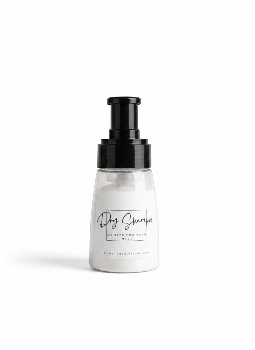 Doodlations Coffee Bar & Boutique dry powder shampoo bottle with Mediterranean Mist scent and black pump dispenser