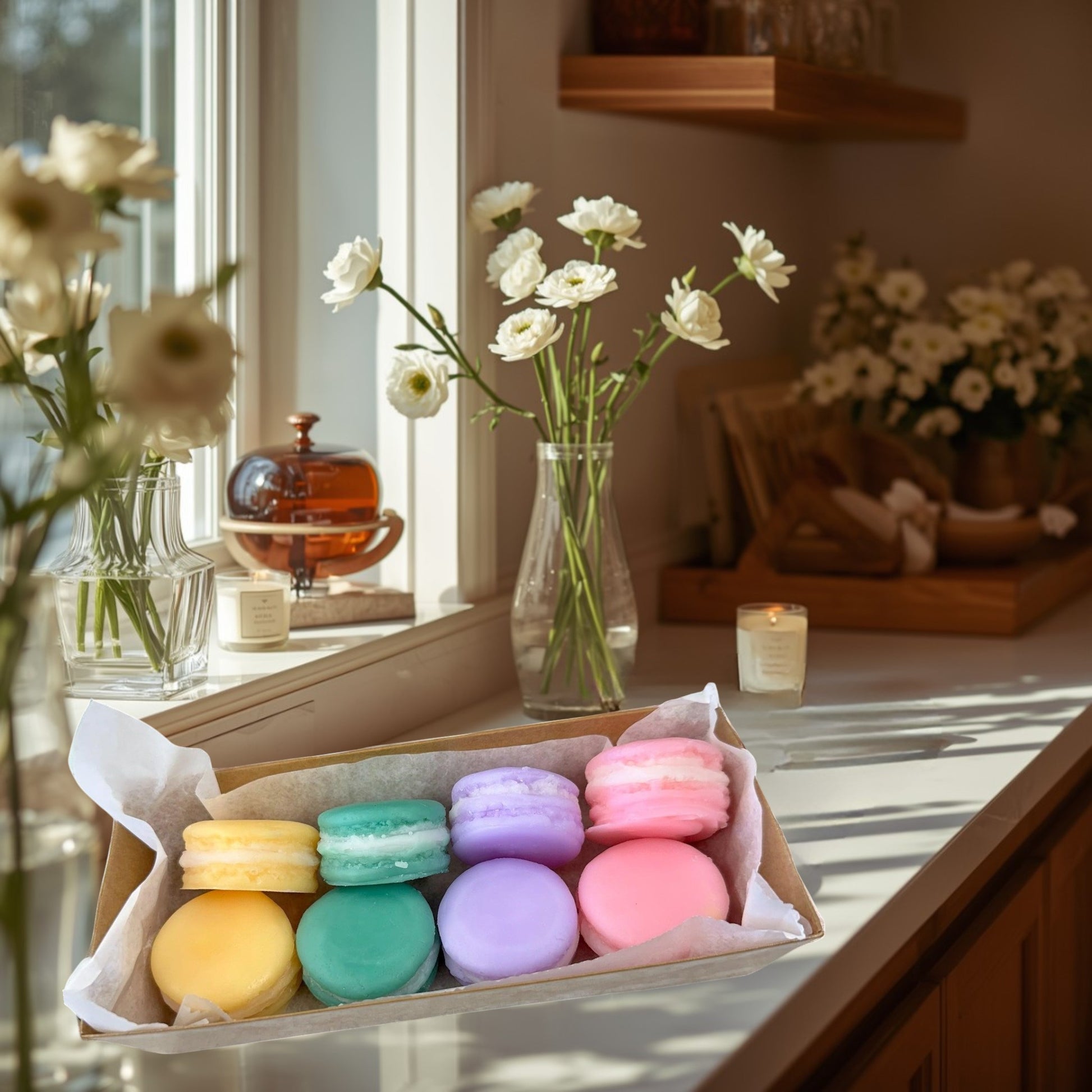 Doodlations Coffee Bar & Boutique Easter Macaroon Wax Melts in pastel yellow, teal, lavender, and pink, arranged in a box on grass with Easter eggs.