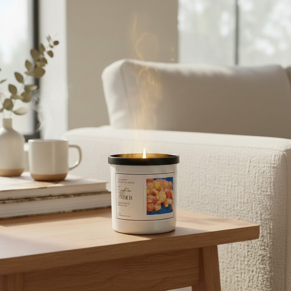 Doodlations Coffee Bar & Boutique Egyptian Amber candle burning on a wooden table in a cozy living room setting.