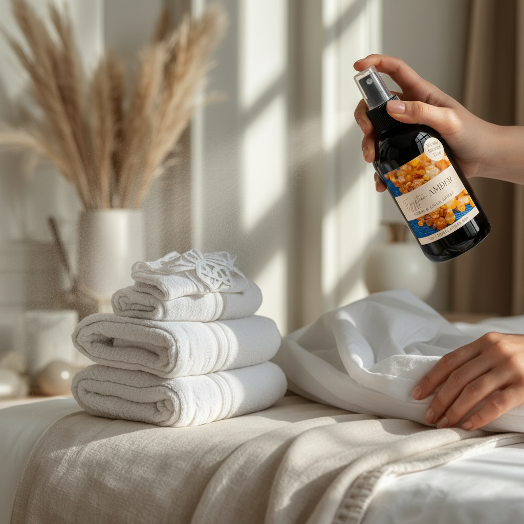 Doodlations Coffee Bar & Boutique Egyptian Amber room and linen spray misting over a stack of white towels on a bed.